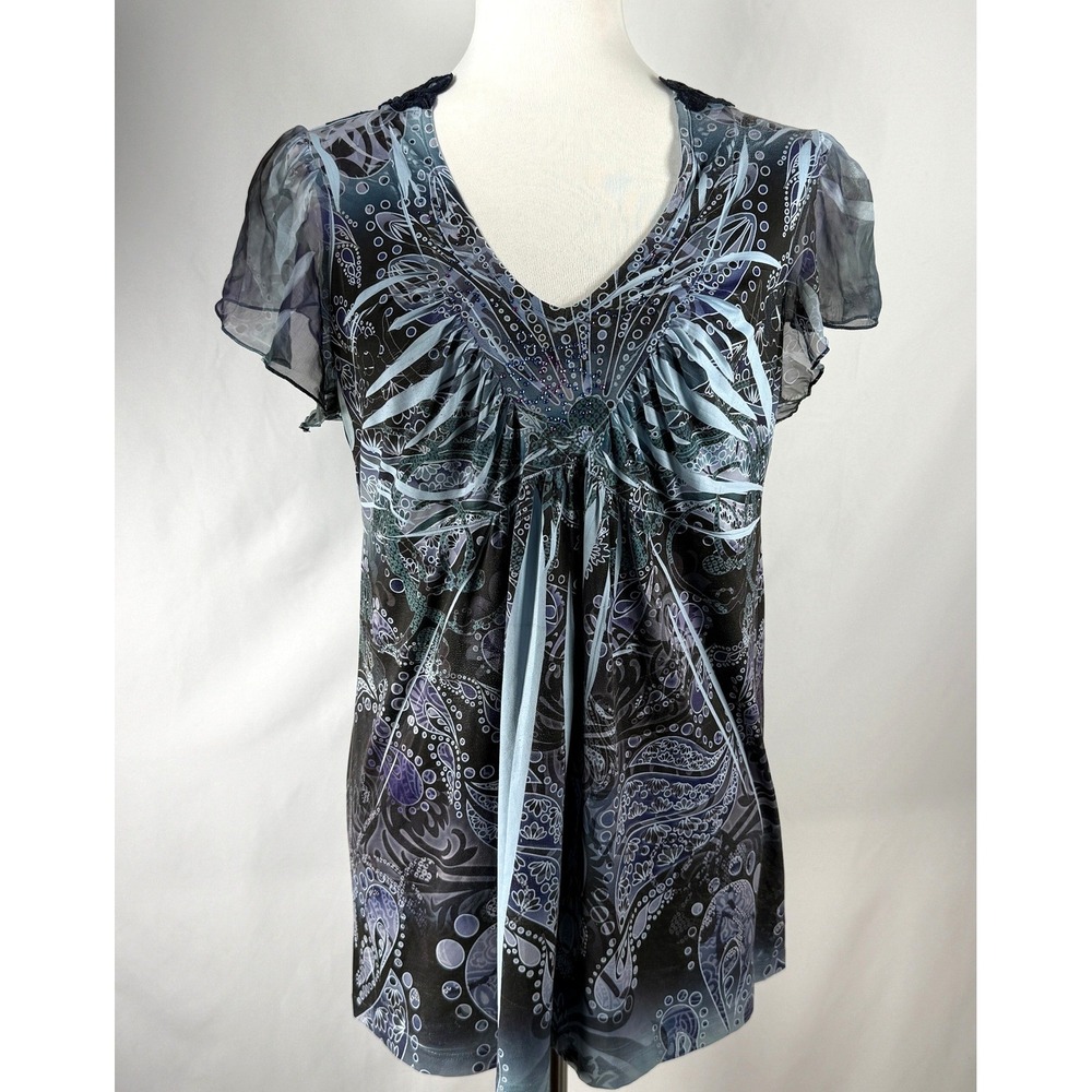 One World Top Womens Size L Blue Sublimation Print Y2K Whimsygoth Fairy Babydoll